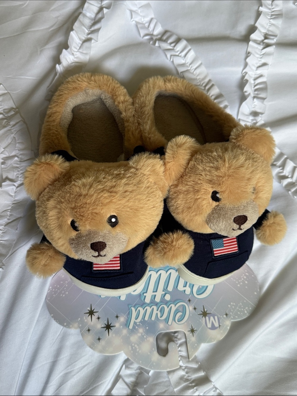 Plush Teddy Bear Slip-On Slippers with Navy Upper